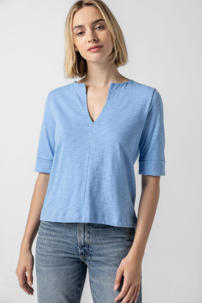 Lilla P Cuffed Sleeve Split Neck Top