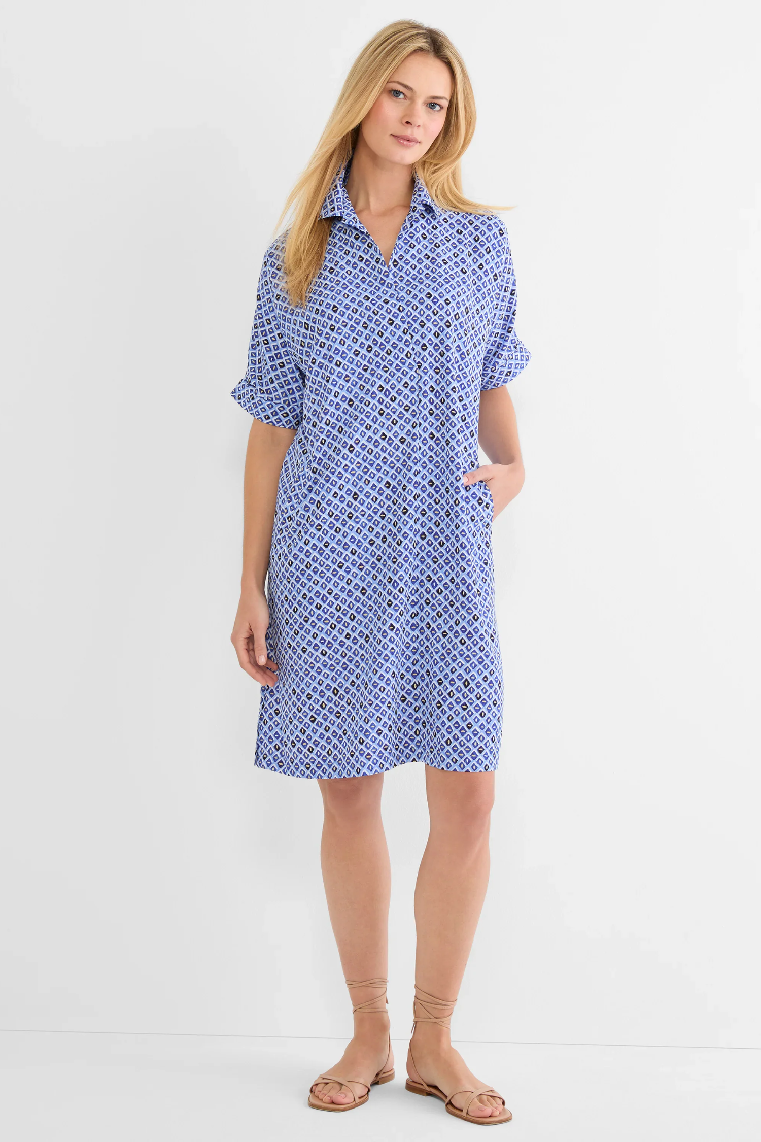 blue and white mosaic dress Navy Blue Thick Mosaic Lines On White Geometric A-Line Dress by rewstudio